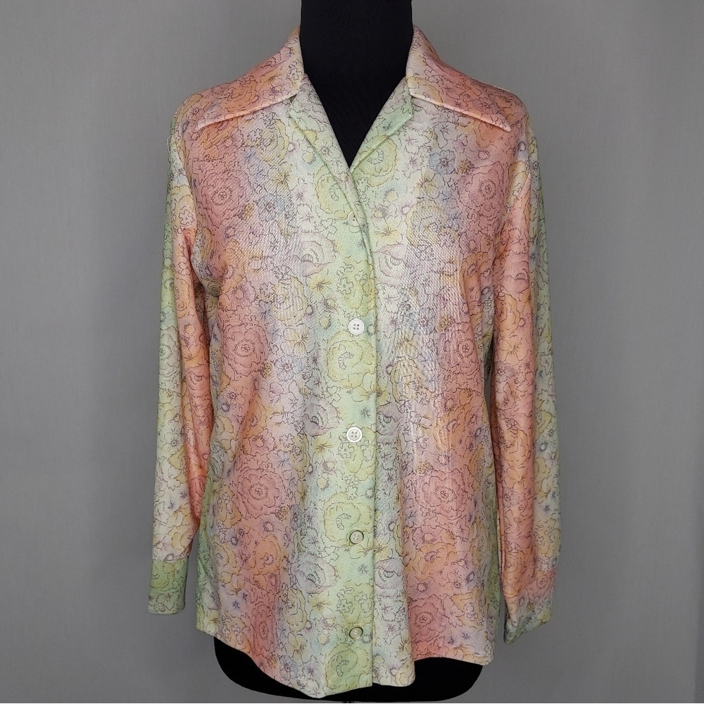 Laura Mae Button Top Women 17/18 XL Point Collar 70s Green Pink Floral Poly-Knit
